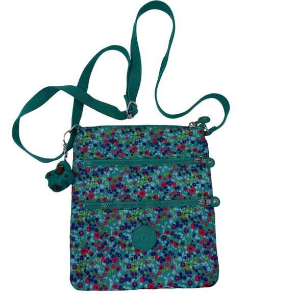 Kipling Alvar Crossbody Bag Aqua Blue Floral Furry Monkey Keychain Otto Purse - Picture 1 of 8